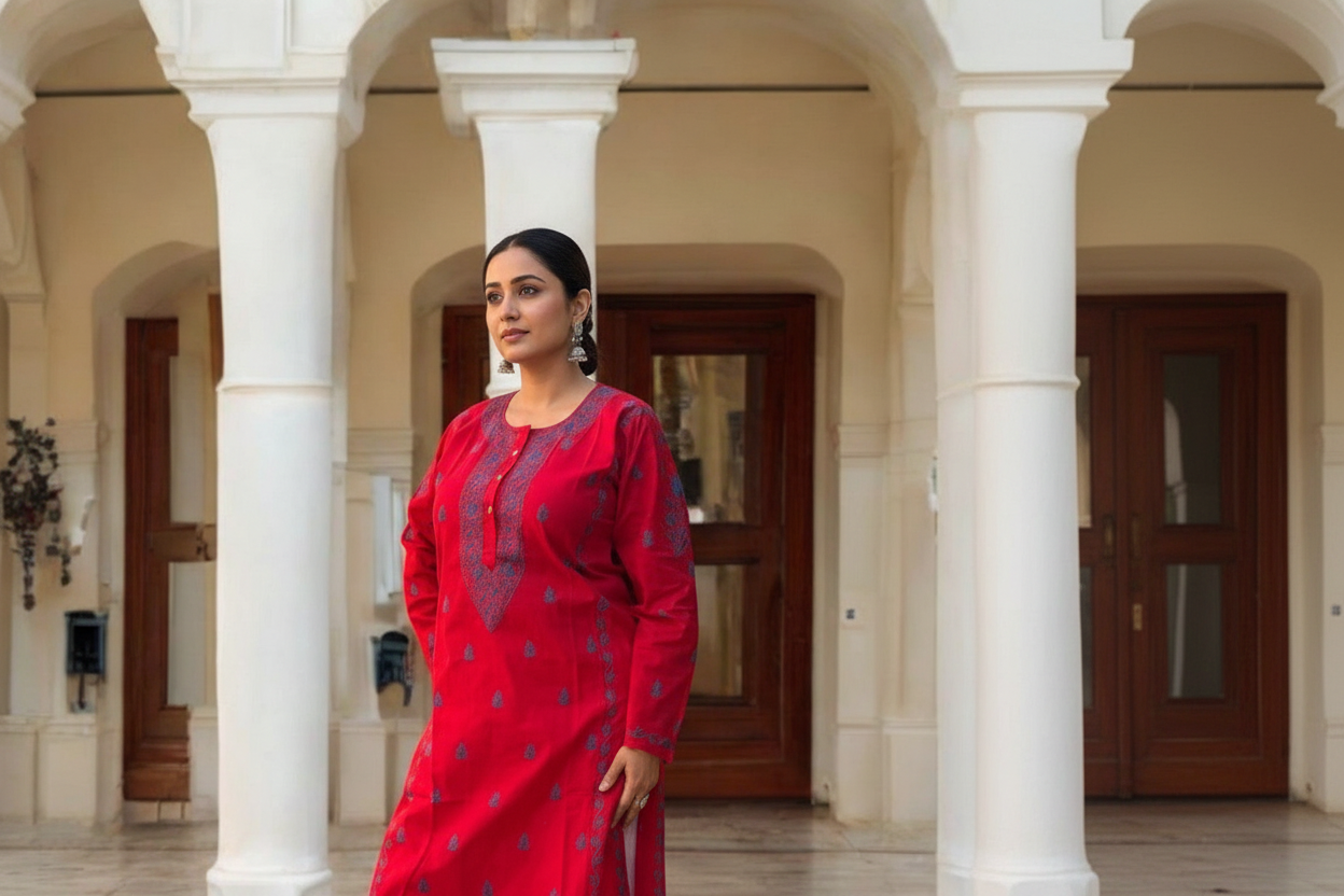 ELEGANT RED CHIKANKARI NOORI WITH BLUE EMBROIDERY
