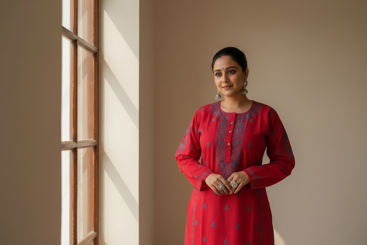 ELEGANT RED CHIKANKARI NOORI WITH BLUE EMBROIDERY