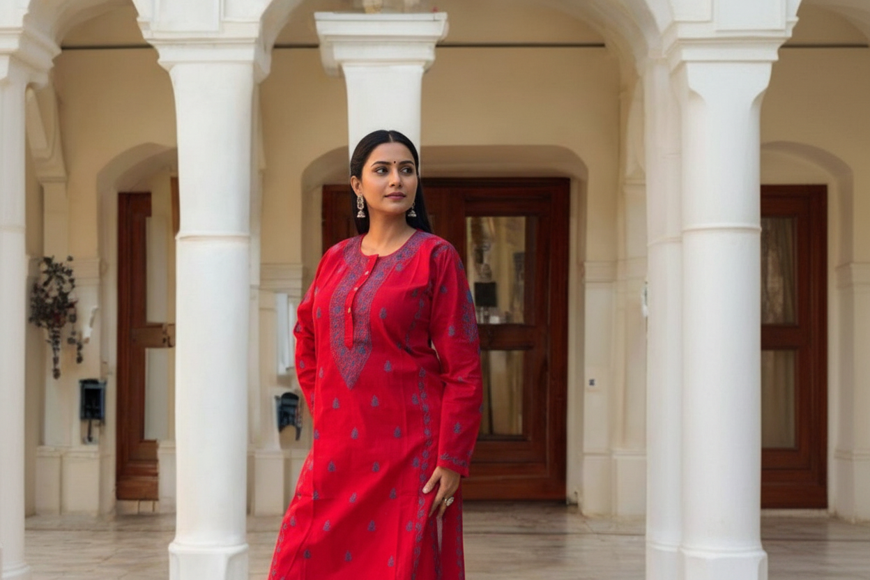 ELEGANT RED CHIKANKARI NOORI WITH BLUE EMBROIDERY