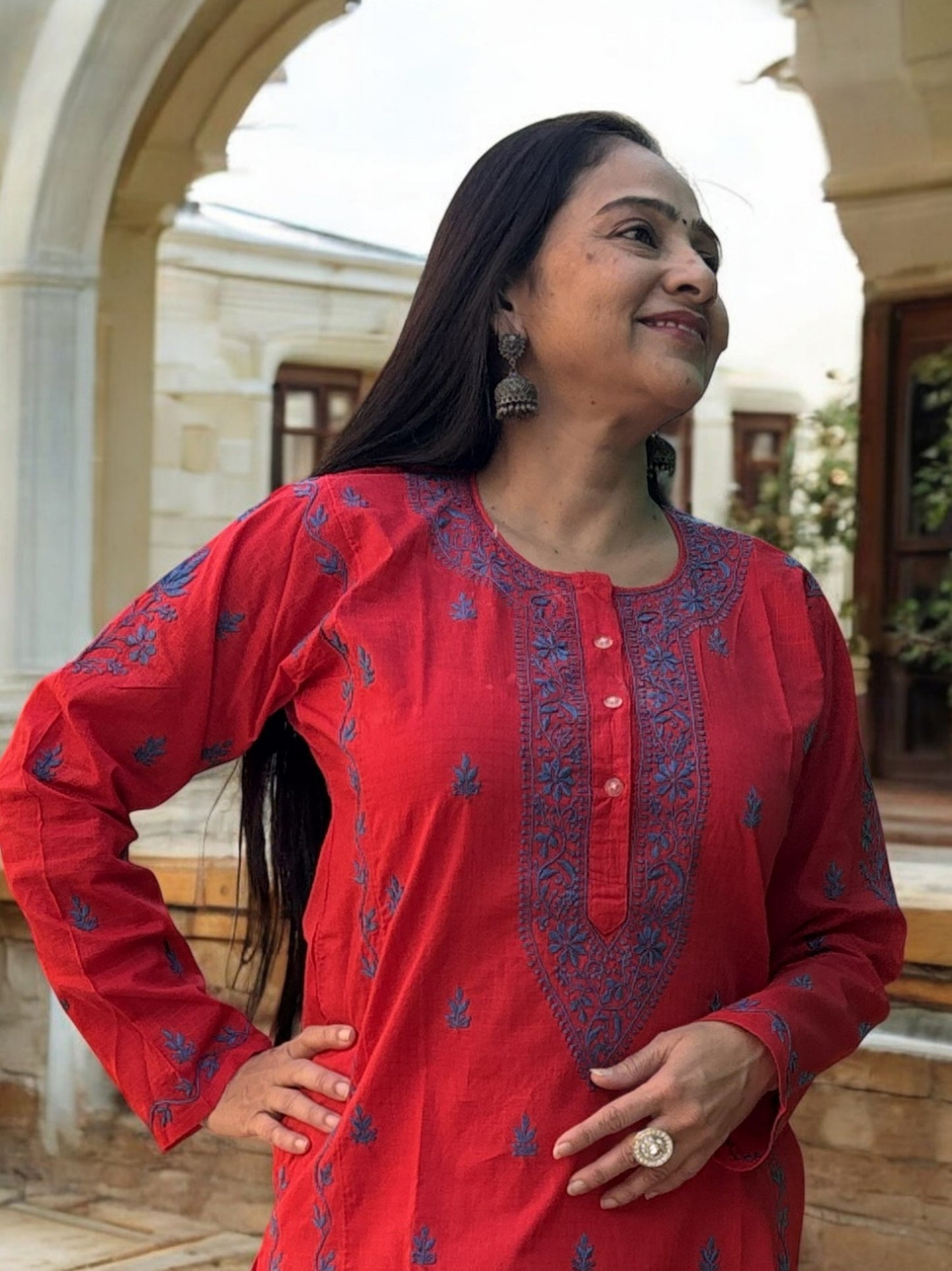 ELEGANT RED CHIKANKARI NOORI WITH BLUE EMBROIDERY