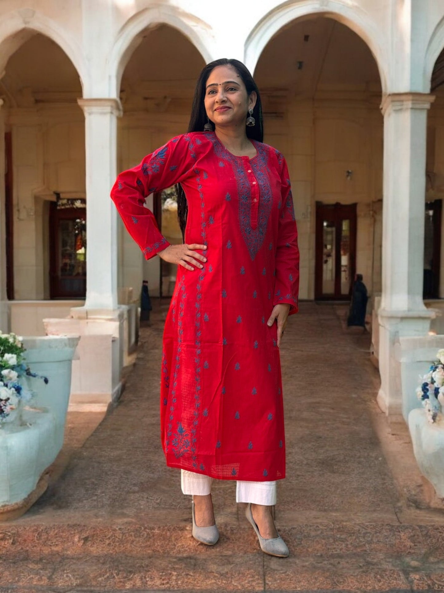 ELEGANT RED CHIKANKARI NOORI WITH BLUE EMBROIDERY