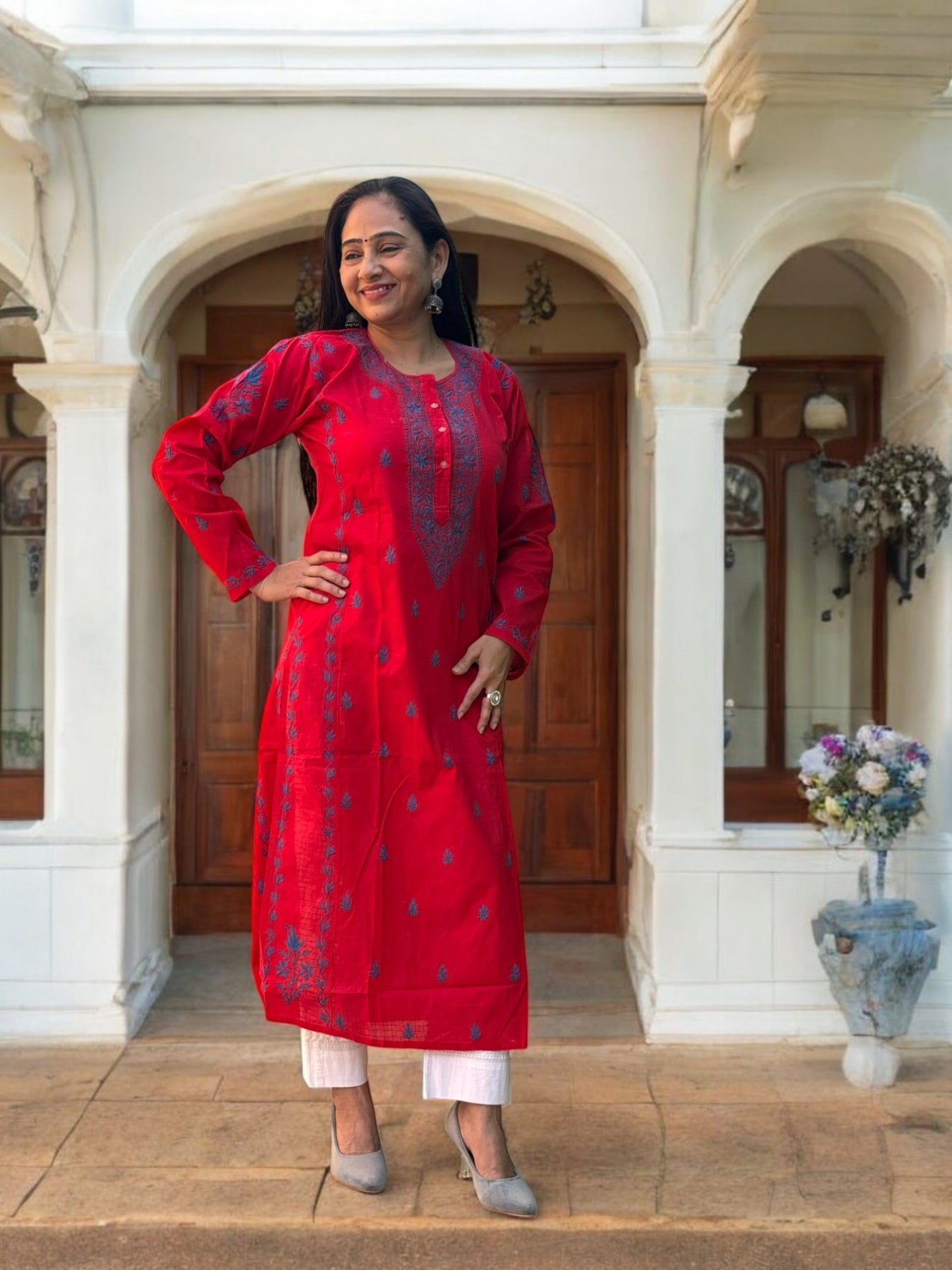 ELEGANT RED CHIKANKARI NOORI WITH BLUE EMBROIDERY