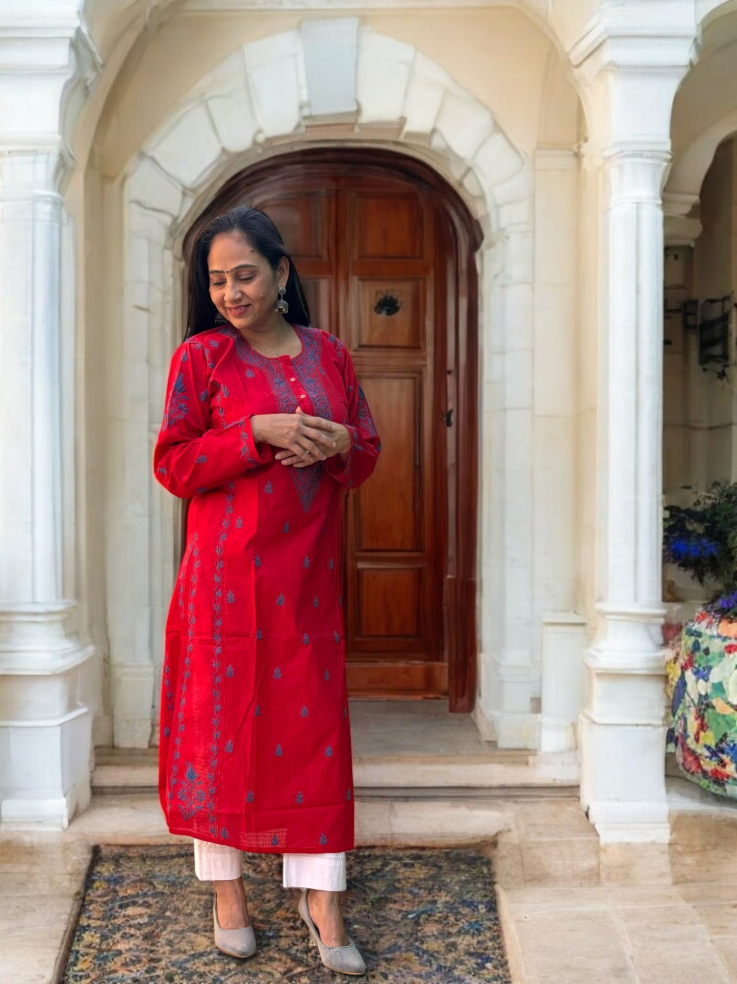 ELEGANT RED CHIKANKARI NOORI WITH BLUE EMBROIDERY