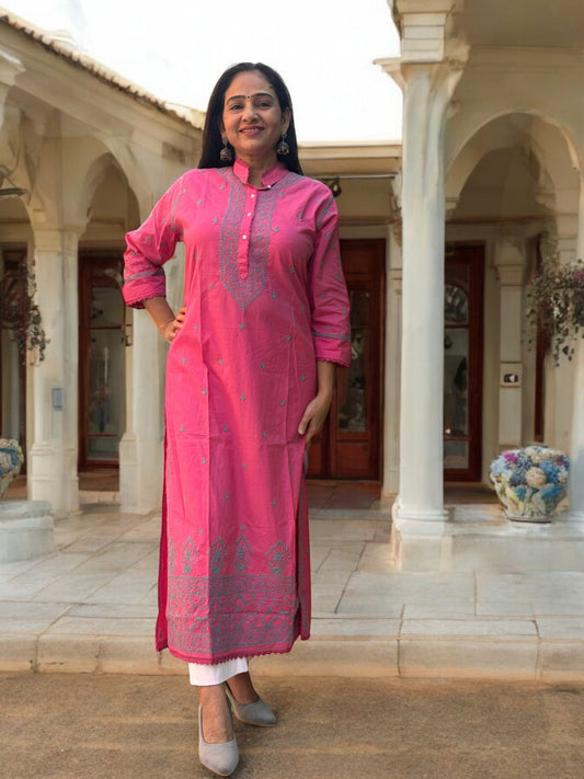 FRENCH ROSE NOORI  WITH BLUE EMBROIDERY