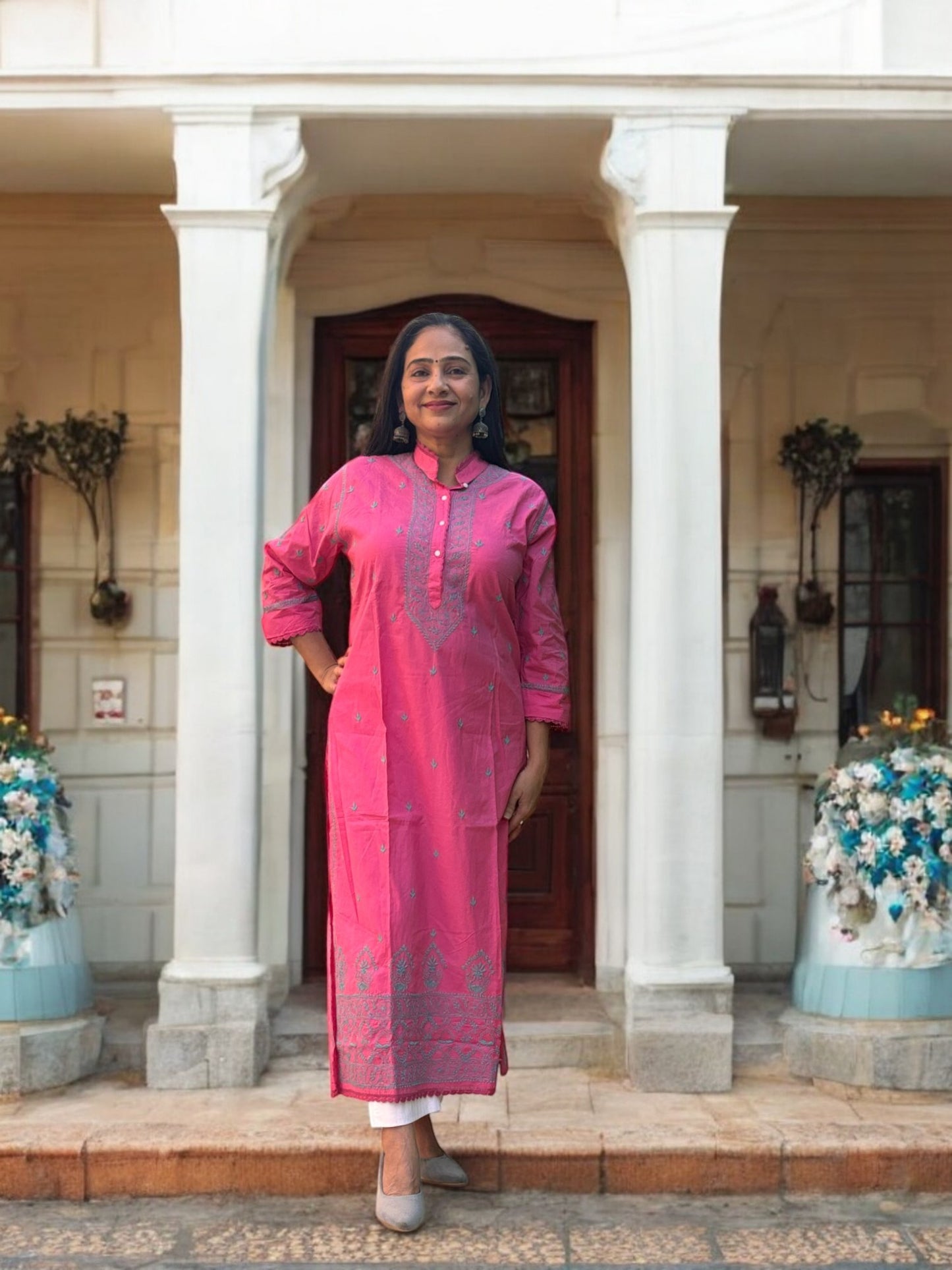 FRENCH ROSE NOORI  WITH BLUE EMBROIDERY
