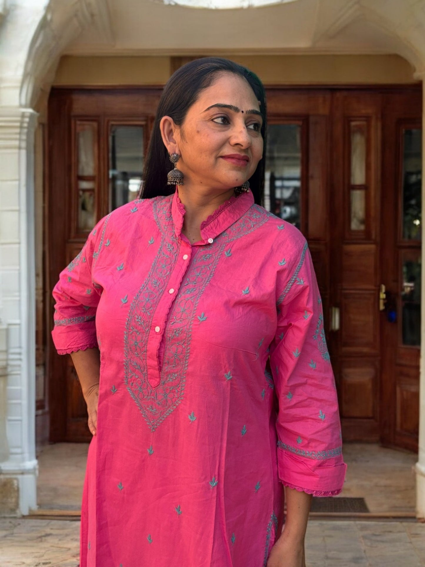 FRENCH ROSE NOORI  WITH BLUE EMBROIDERY