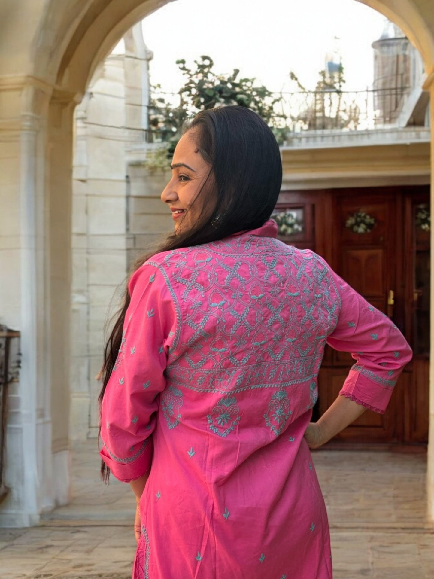 FRENCH ROSE NOORI  WITH BLUE EMBROIDERY