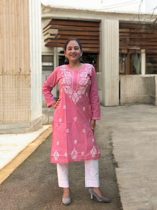 PINK NIRVI COTTON CHIKANKARI STRAIGHT KURTI
