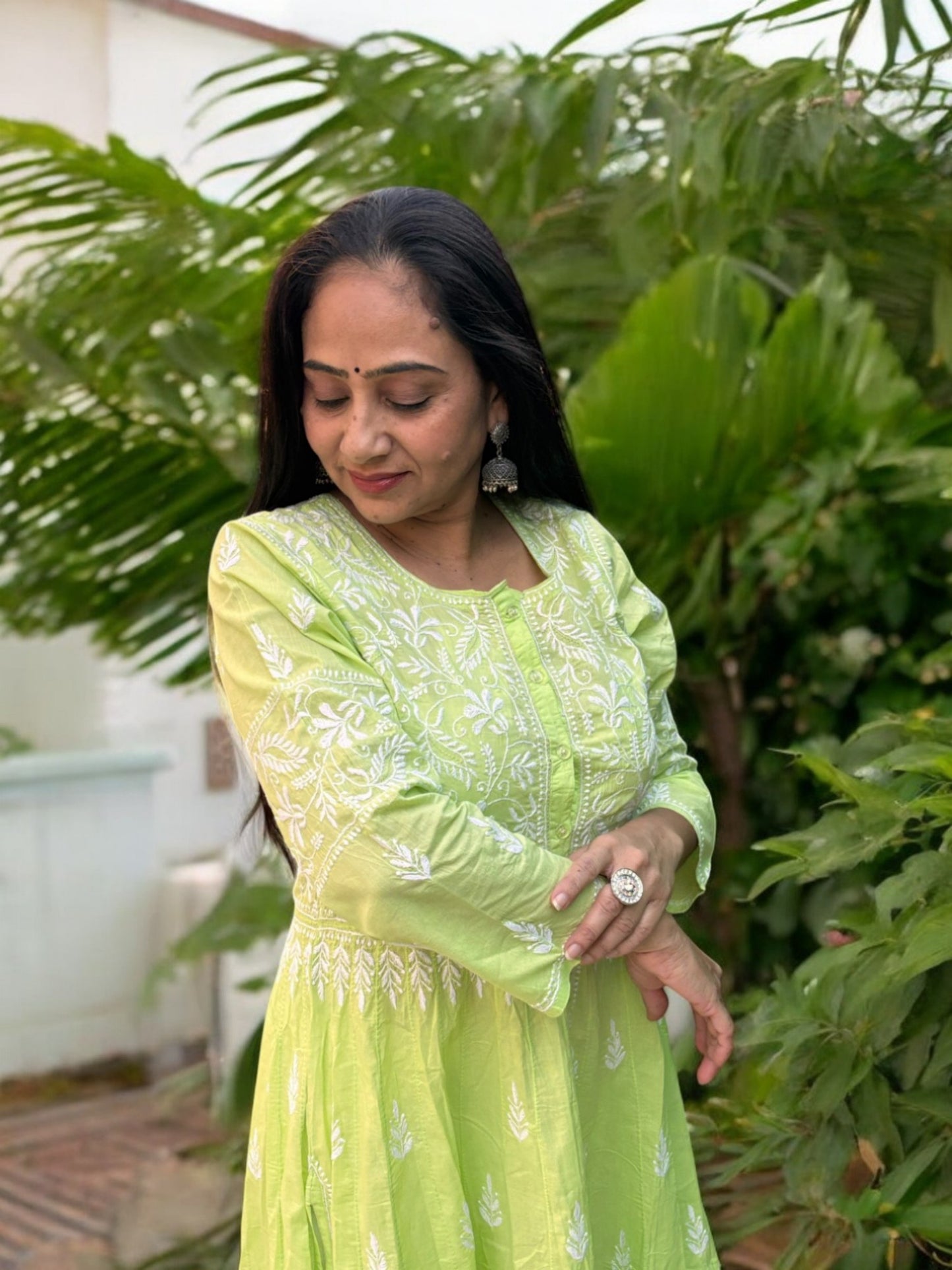 LIME GREEN ANARKALI NOORI  WITH HEAVY EMBROIDERY