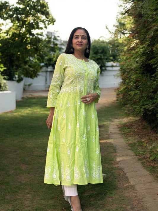 LIME GREEN ANARKALI NOORI  WITH HEAVY EMBROIDERY