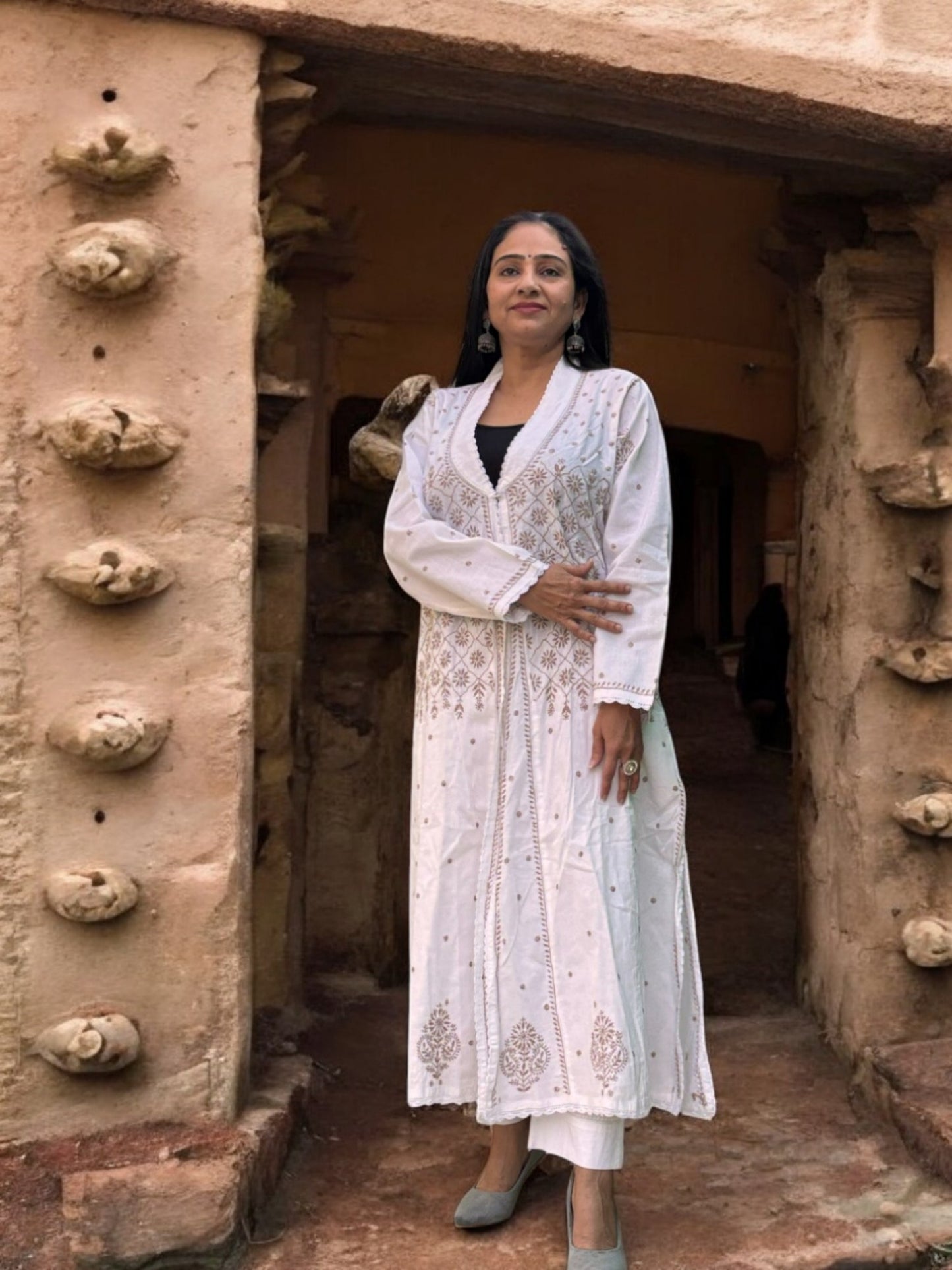 EXCLUSIVE WHITE COLOR LONG NOORI JACKET WITH HANDCRAFTED CHIKANKARI