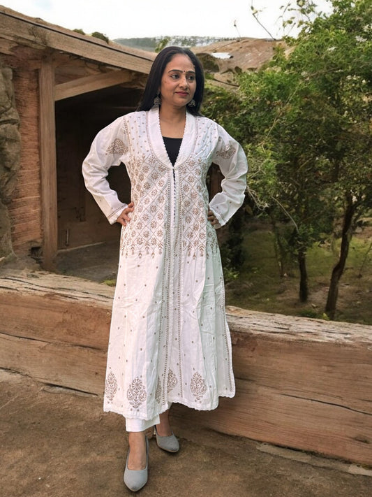 EXCLUSIVE WHITE COLOR LONG NOORI JACKET WITH HANDCRAFTED CHIKANKARI