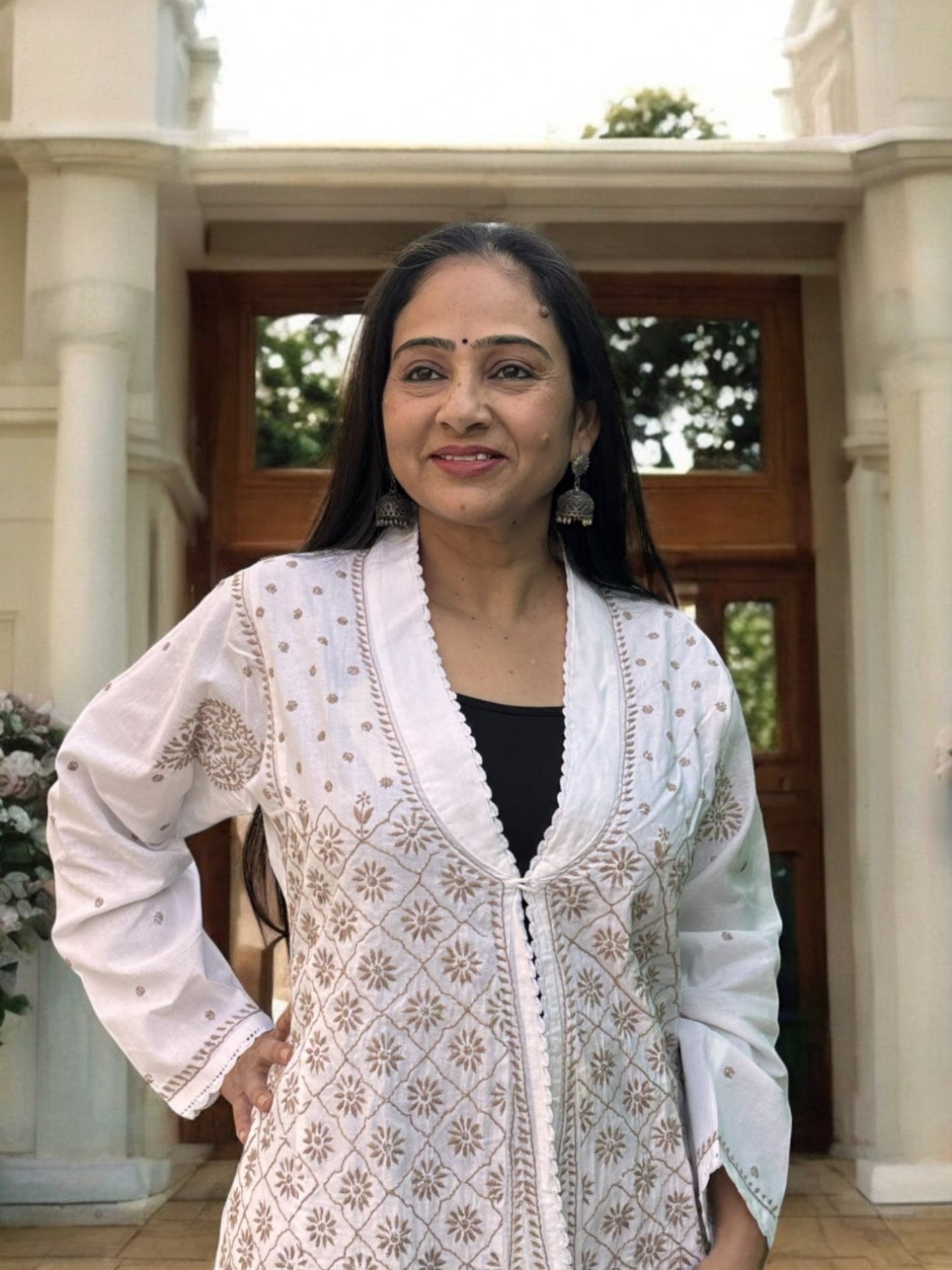 EXCLUSIVE WHITE COLOR LONG NOORI JACKET WITH HANDCRAFTED CHIKANKARI