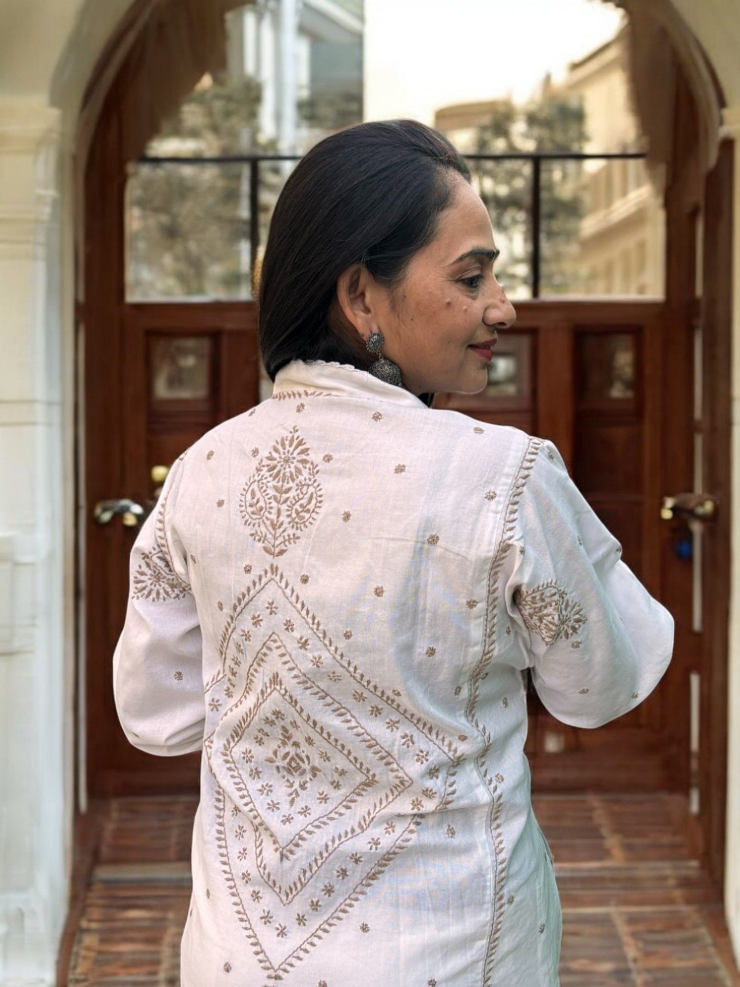 EXCLUSIVE WHITE COLOR LONG NOORI JACKET WITH HANDCRAFTED CHIKANKARI
