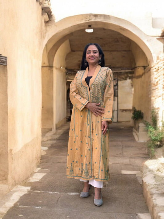 EXCLUSIVE LIGHT BROWN COLOR LONG NOORI JACKET WITH HANDCRAFTED CHIKANKARI