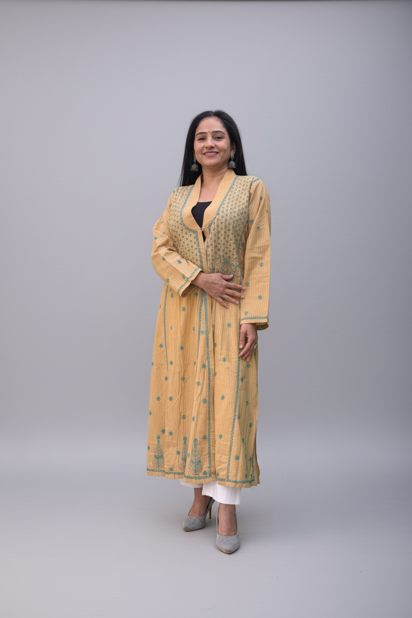 Exclusive Light Brown Long Noori Jacket | Handcrafted Chikankari Embroidery