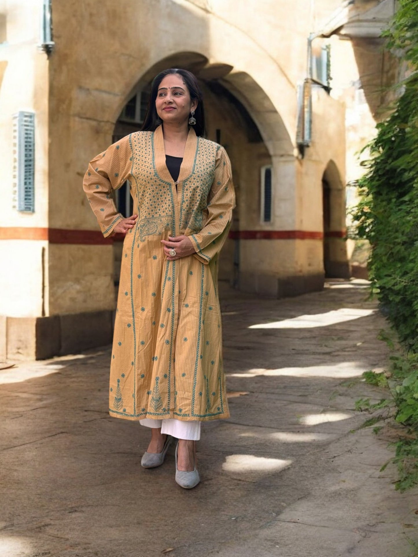EXCLUSIVE LIGHT BROWN COLOR LONG NOORI JACKET WITH HANDCRAFTED CHIKANKARI