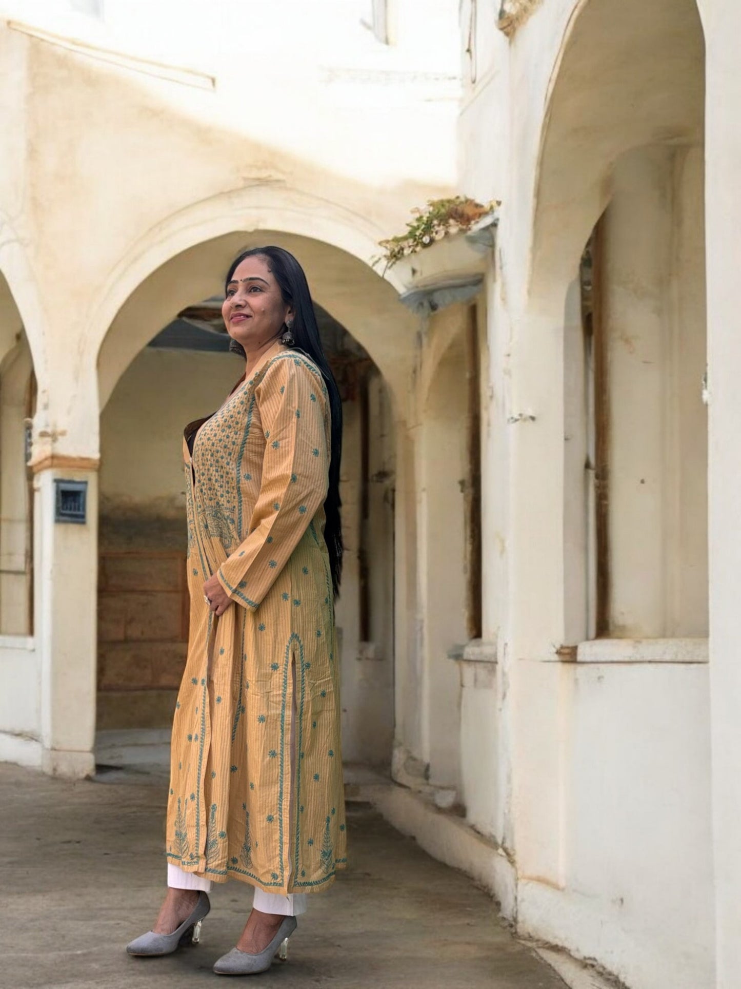 EXCLUSIVE LIGHT BROWN COLOR LONG NOORI JACKET WITH HANDCRAFTED CHIKANKARI
