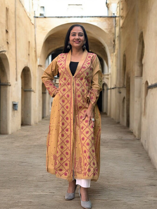 EXCLUSIVE LIGHT BROWN LONG NOORI JACKET WITH HANDCRAFTED CHIKANKARI
