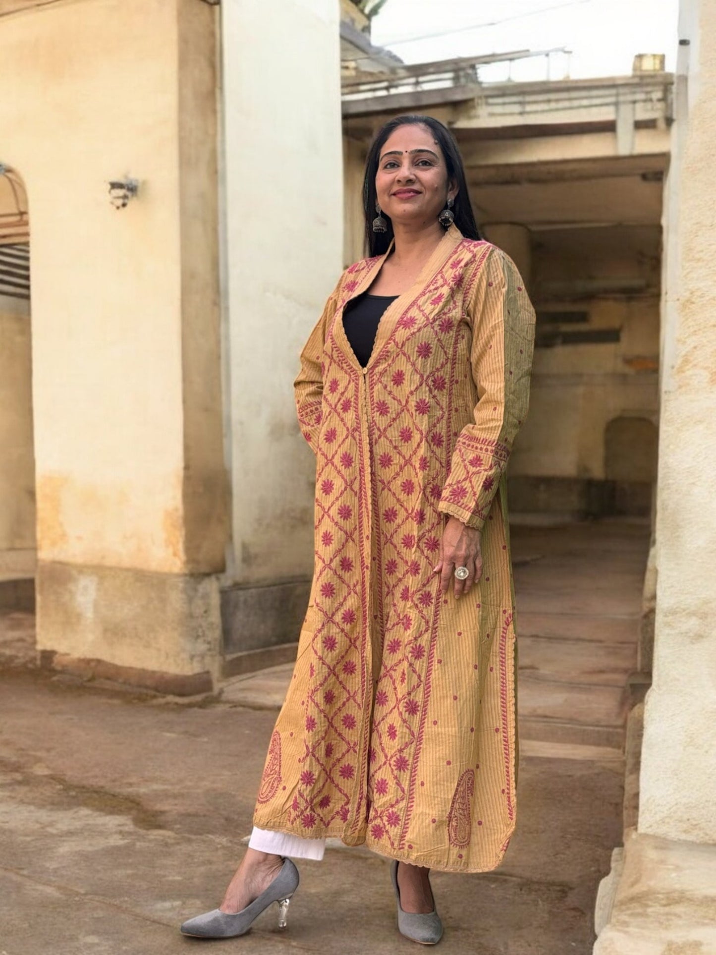 EXCLUSIVE LIGHT BROWN LONG NOORI JACKET WITH HANDCRAFTED CHIKANKARI
