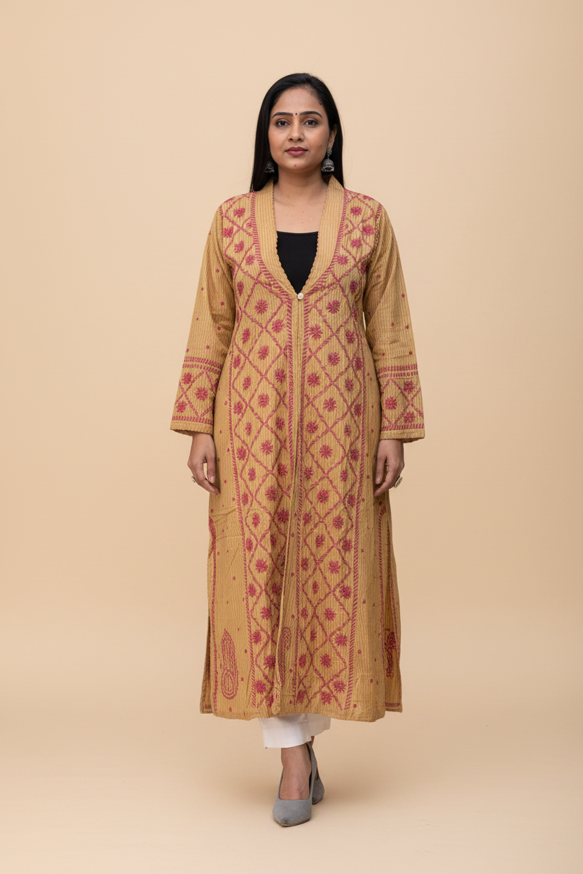 Exclusive Brown Long Noori Jacket | Handcrafted Chikankari Embroidery