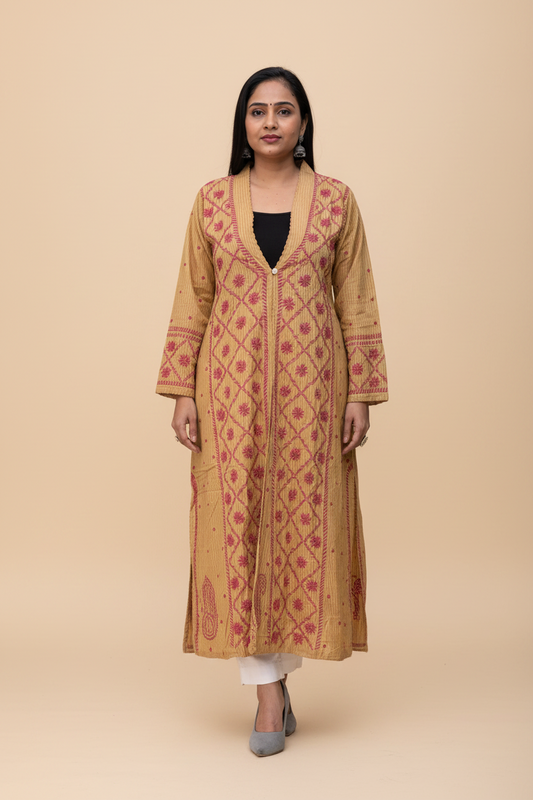 Exclusive Brown Long Noori Jacket | Handcrafted Chikankari Embroidery