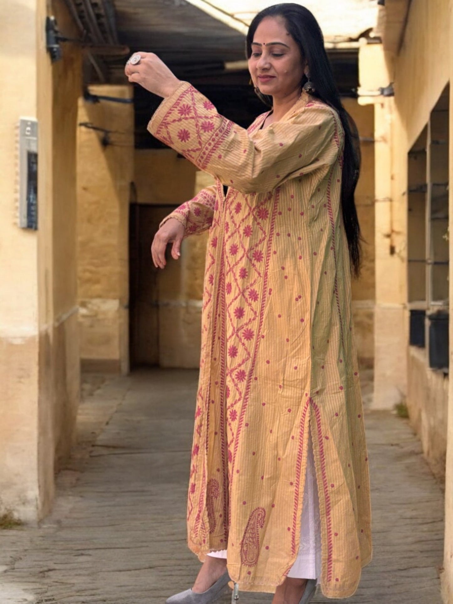 EXCLUSIVE LIGHT BROWN LONG NOORI JACKET WITH HANDCRAFTED CHIKANKARI
