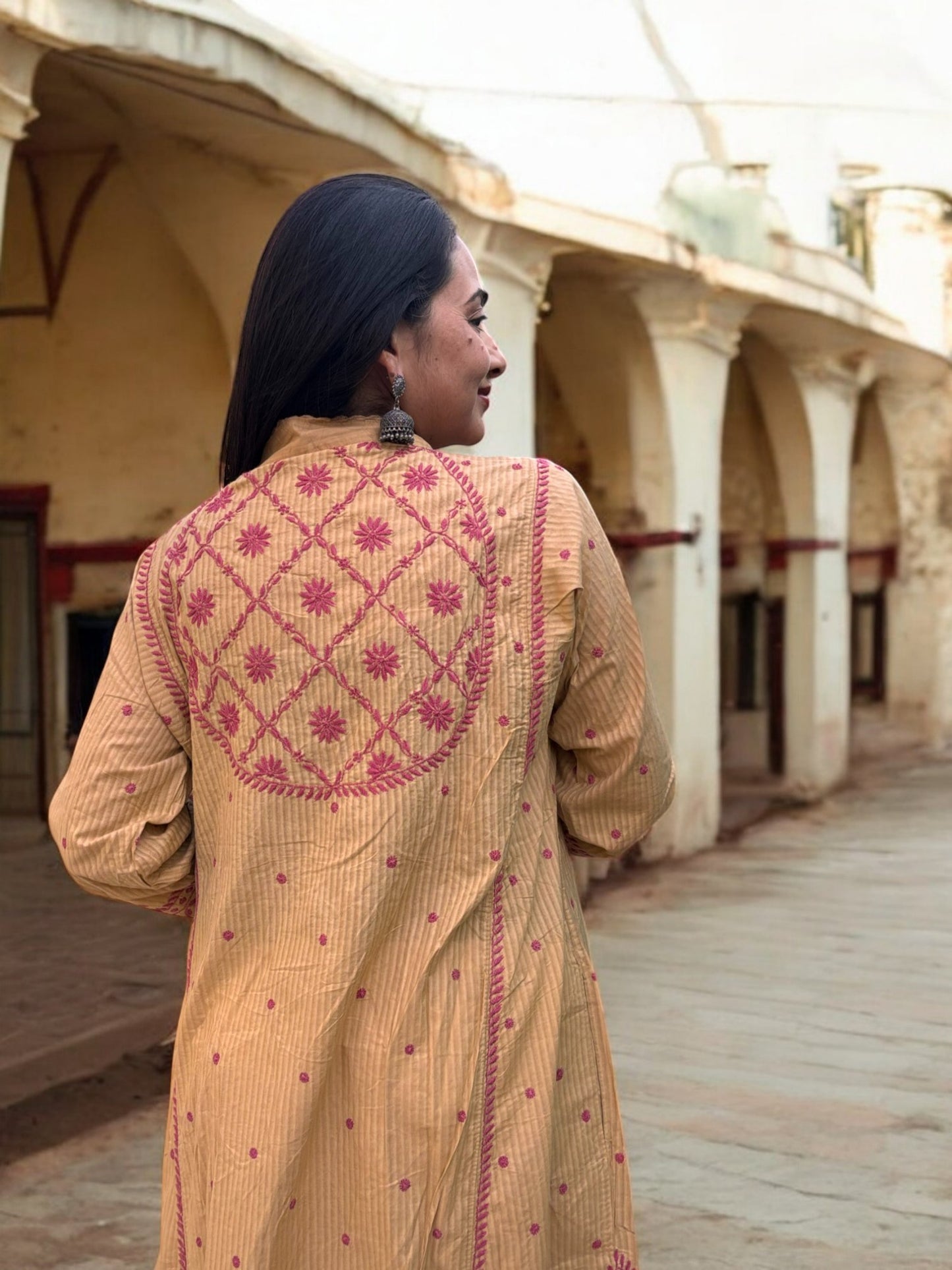 EXCLUSIVE LIGHT BROWN LONG NOORI JACKET WITH HANDCRAFTED CHIKANKARI