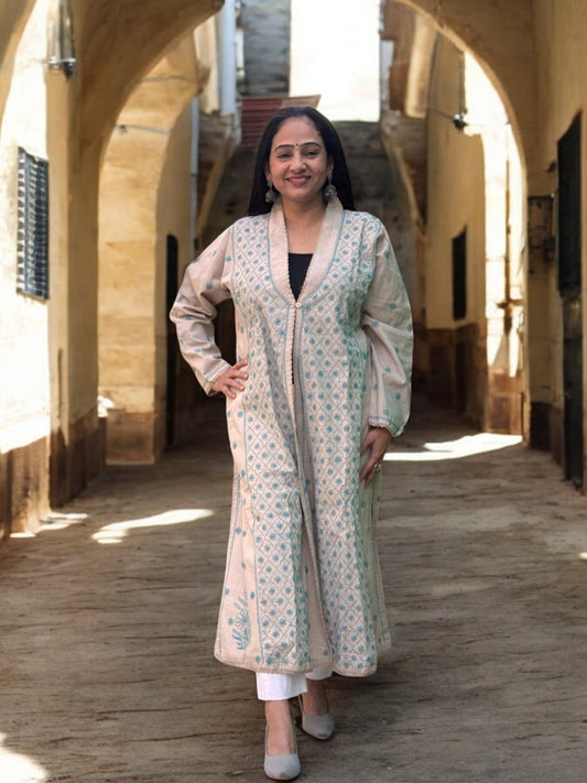 EXCLUSIVE GREY COLOR LONG NOORI JACKET WITH HANDCRAFTED CHIKANKARI