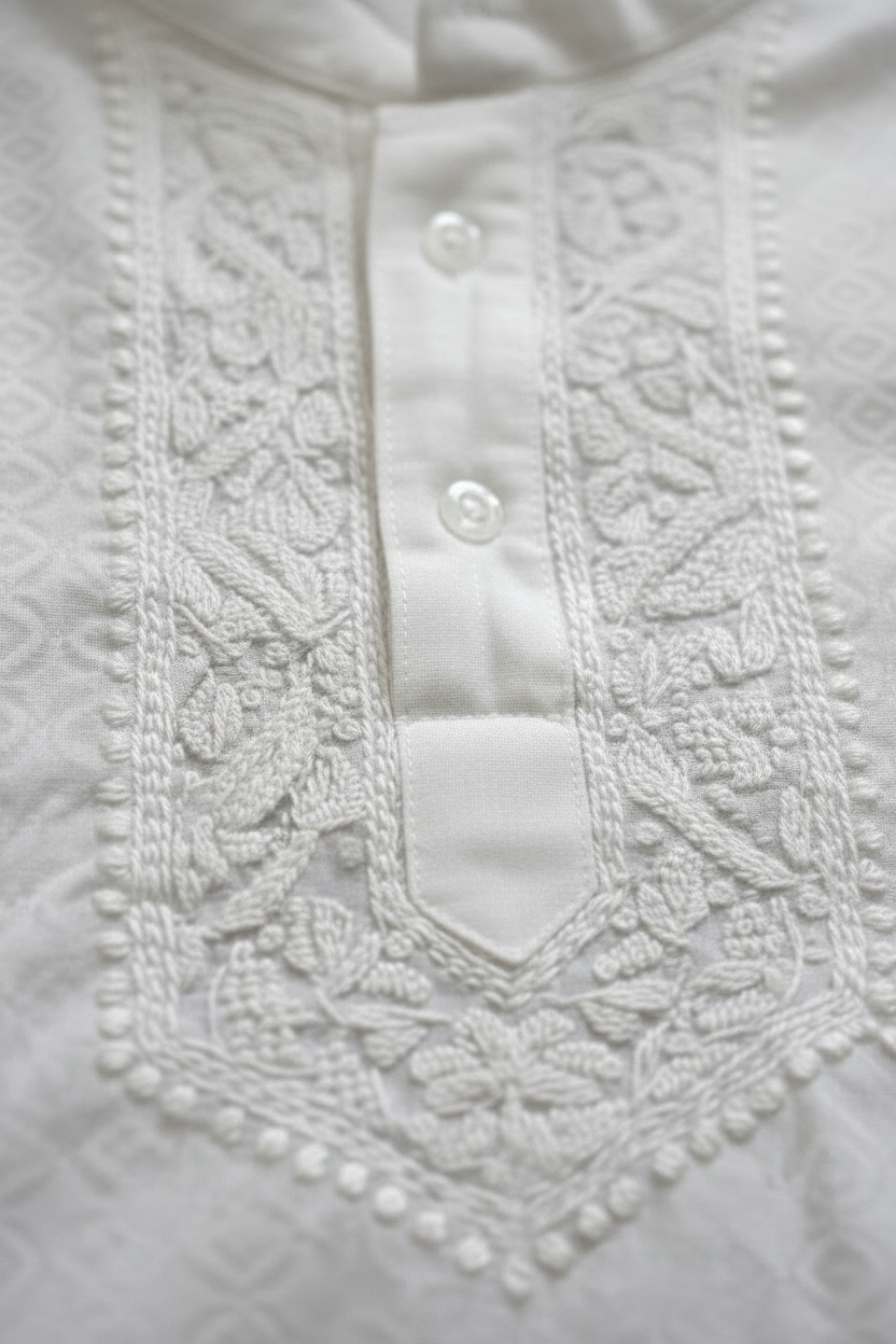 MEN’S WHITE SELF-PRINT CHIKANKARI KURTA