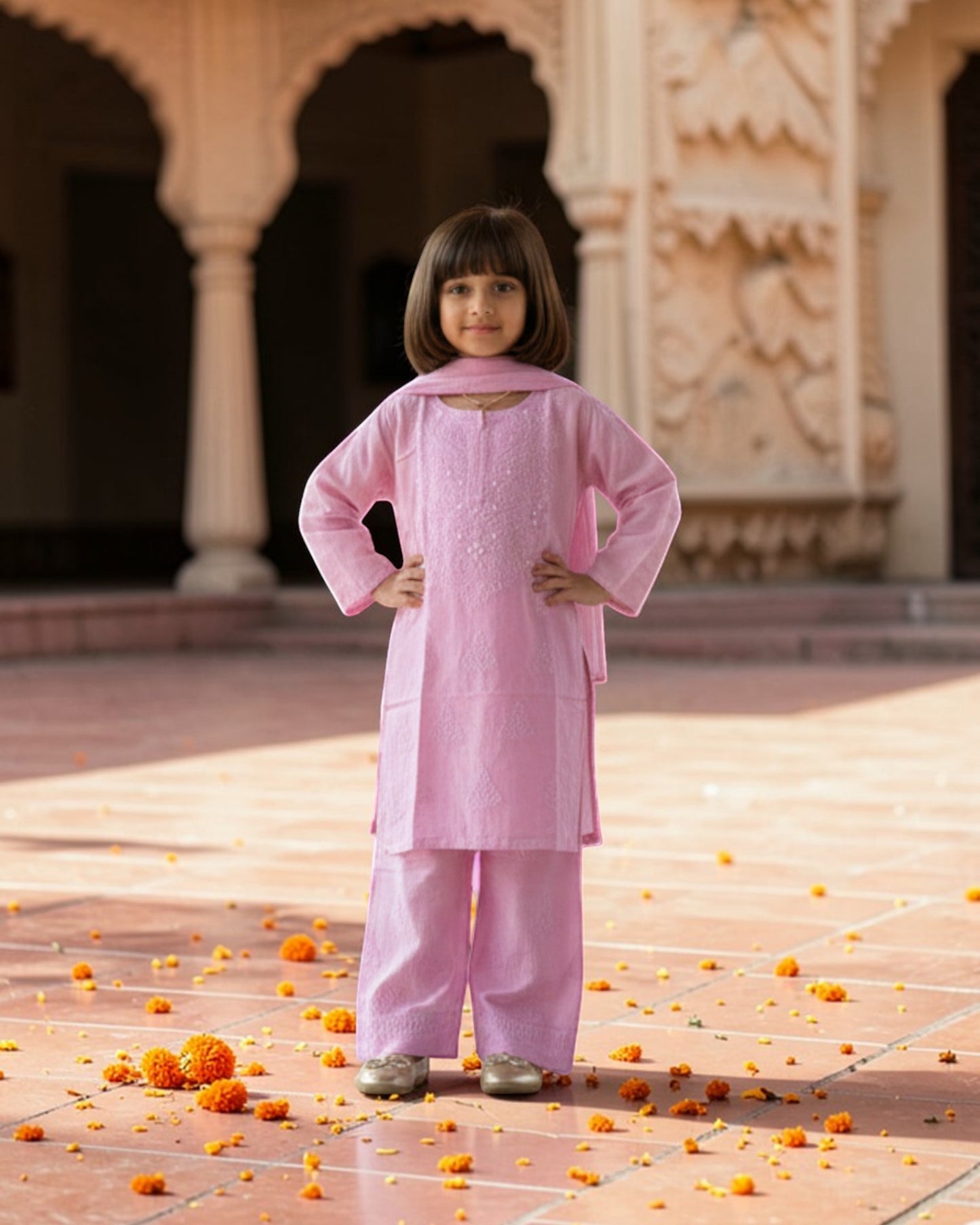 GIRLS CHANDERI SILK CHIKANKARI KURTA SET