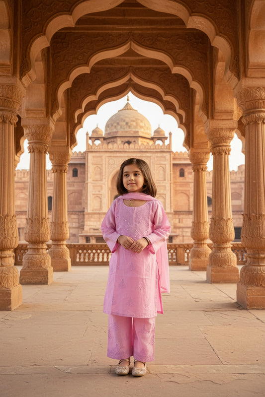 GIRLS CHANDERI SILK CHIKANKARI KURTA SET