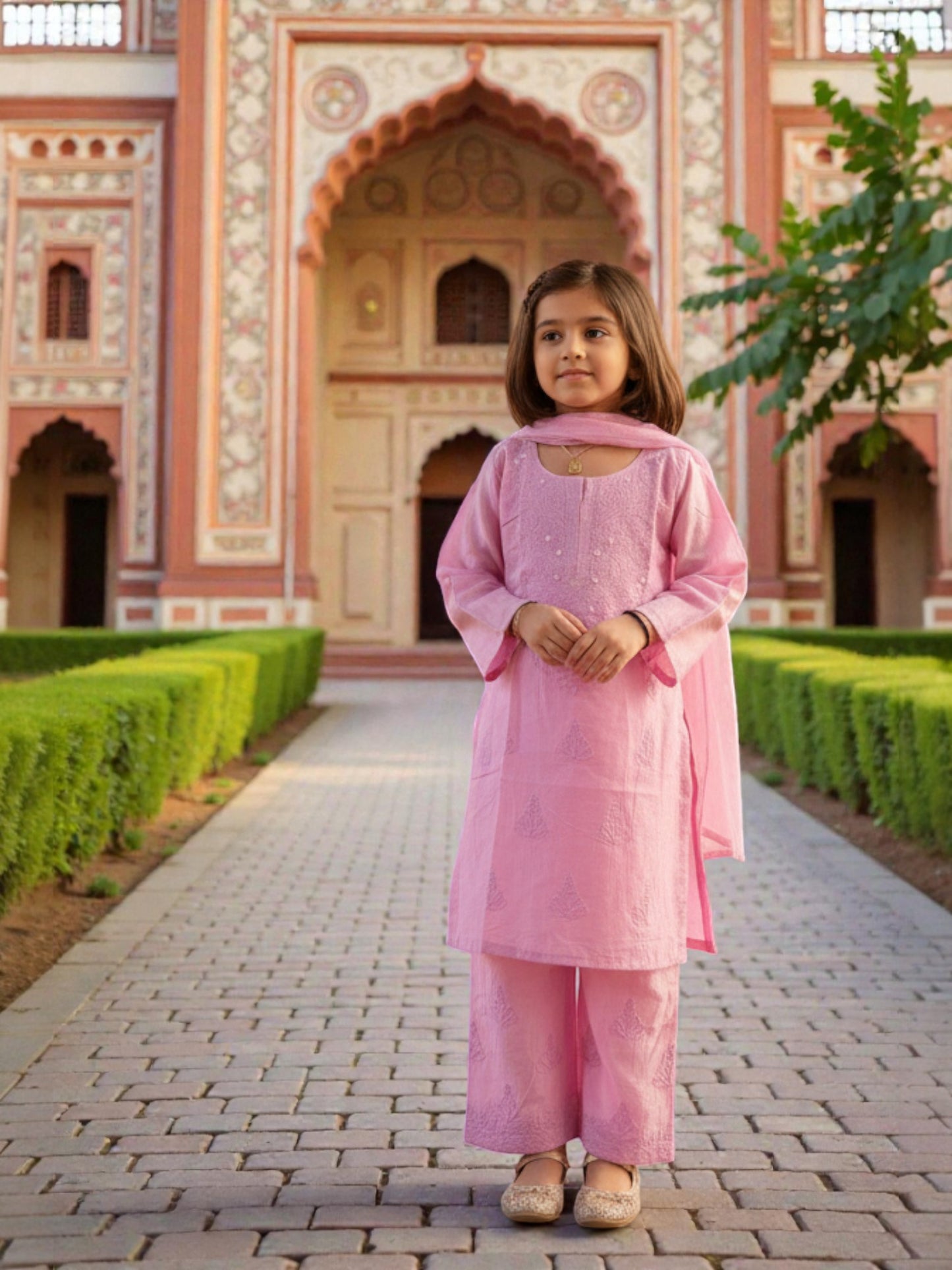 GIRLS CHANDERI SILK CHIKANKARI KURTA SET