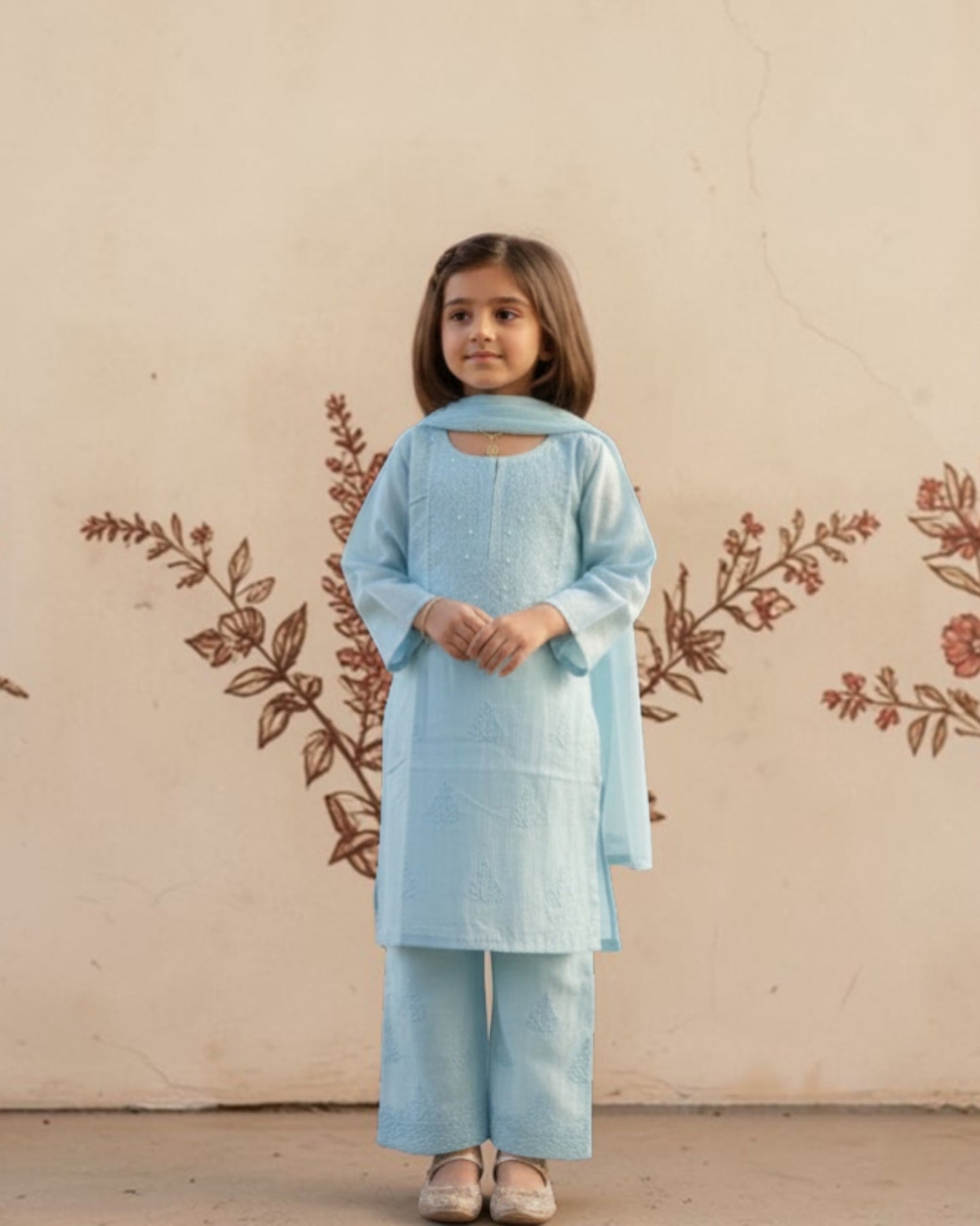 GIRLS CHANDERI SILK CHIKANKARI KURTA SET