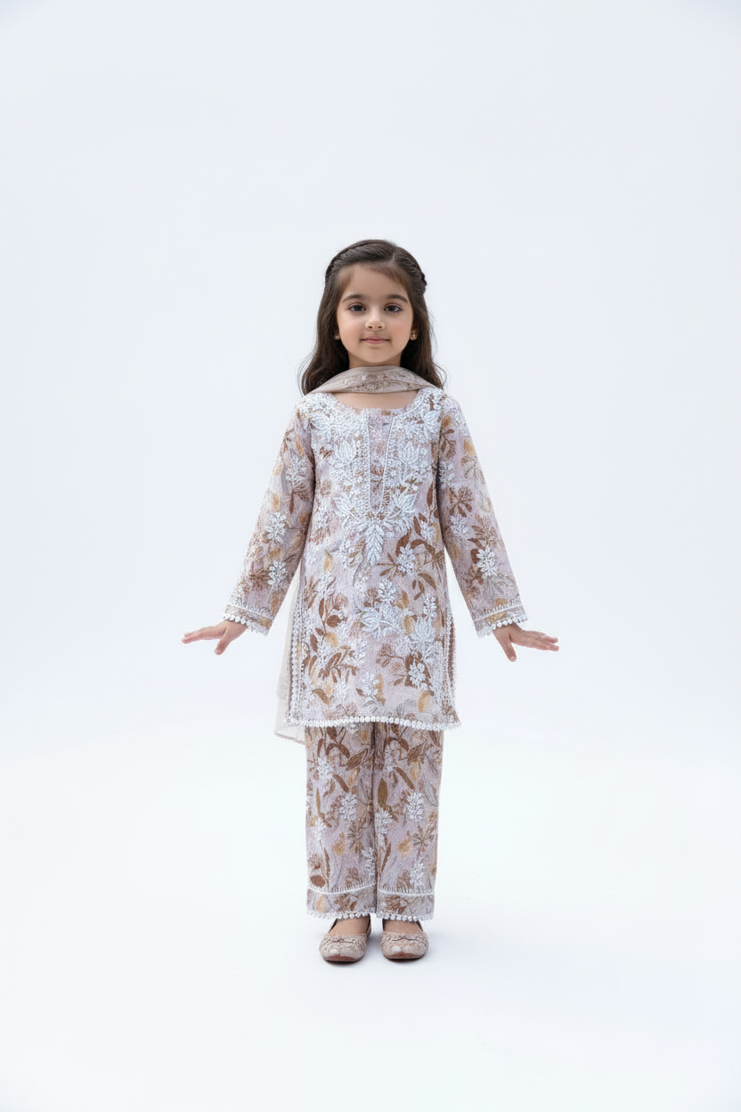 GIRLS PRINTED MUL COTTON  CHIKANKARI KURTA SET