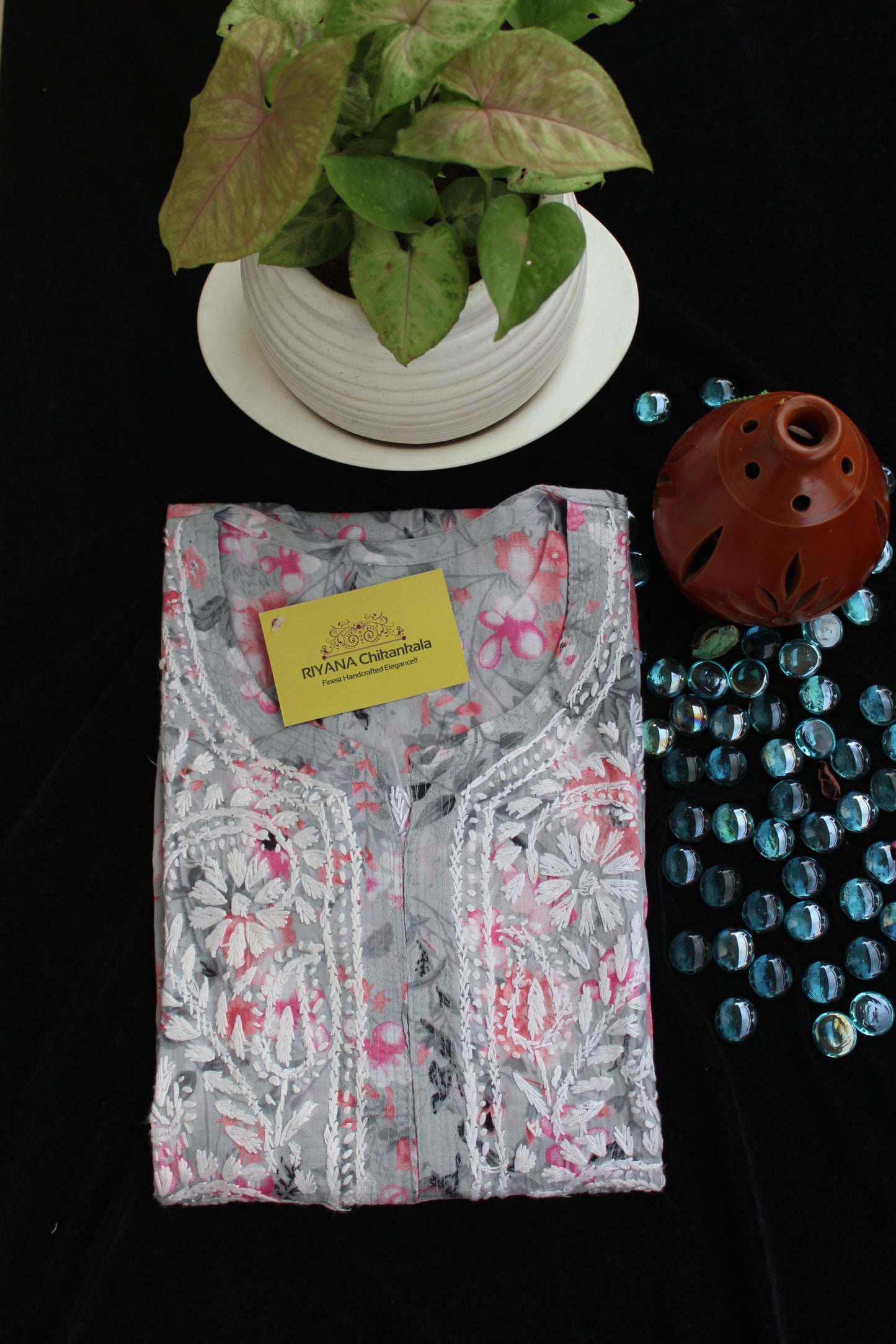 FLORAL PRINT ZIANA GREY CHIKANKARI  KURTI