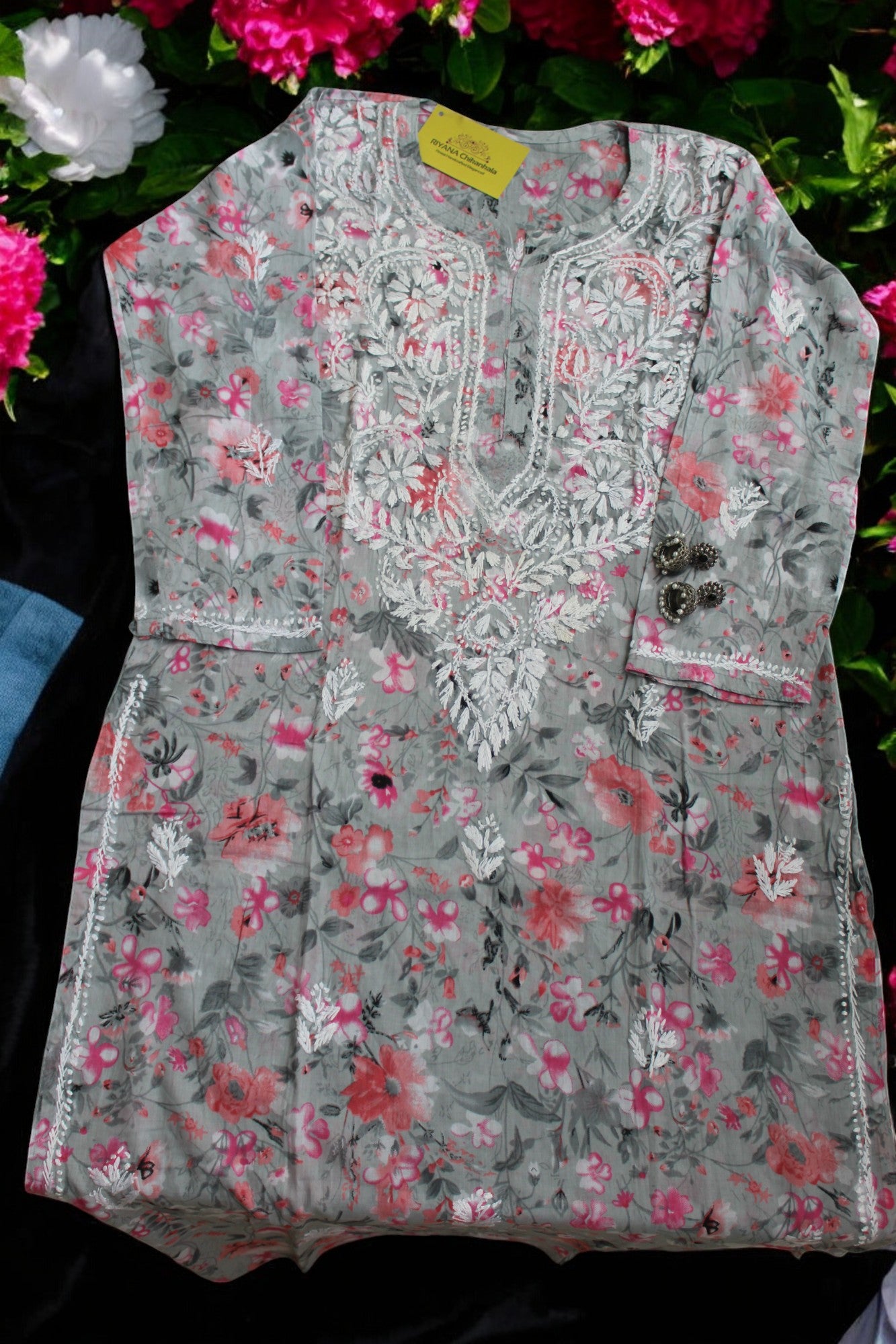 FLORAL PRINT ZIANA GREY CHIKANKARI  KURTI