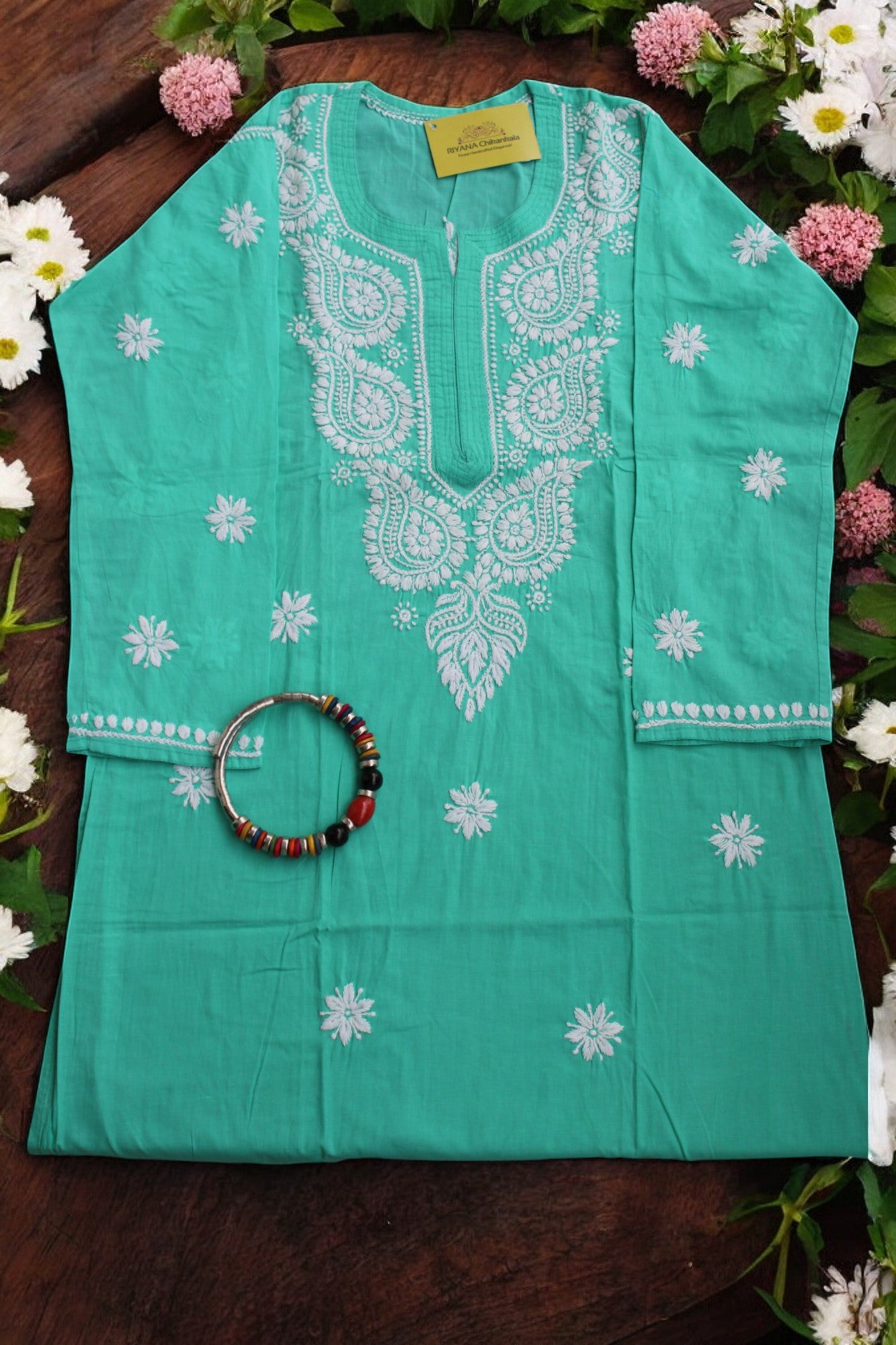 PASTEL GREEN NIRVI COTTON CHIKANKARI STRAIGHT KURTI