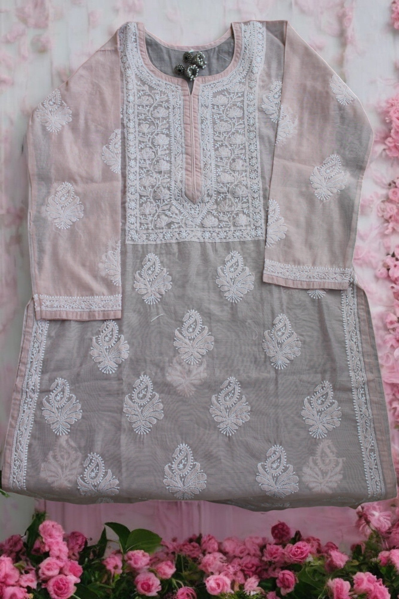 PASTEL PINK  ORGANZA CHIKANKARI KURTI
