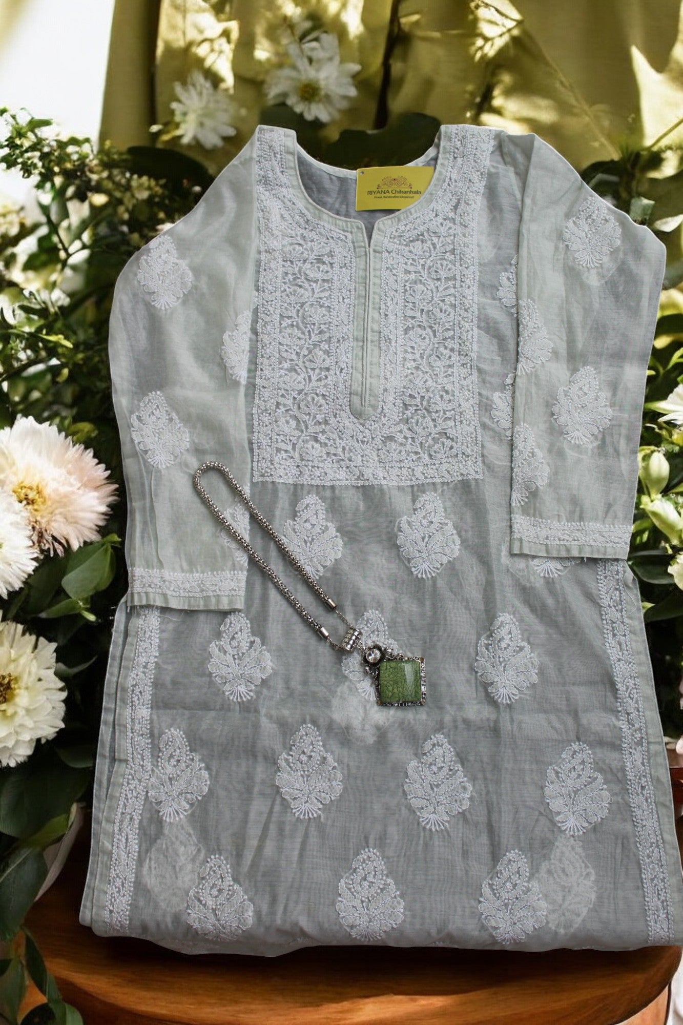 PASTEL GREEN  ORGANZA CHIKANKARI KURTI