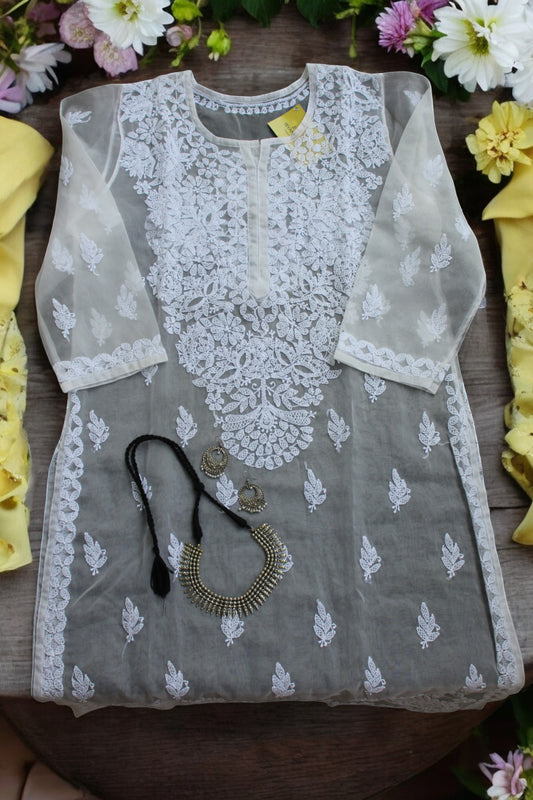 WHITE ORGANZA CHIKANKARI KURTI