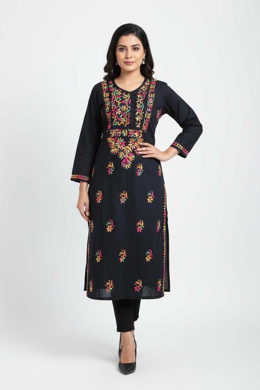 PLAIN MULTICOLOR THREAD  CHIKANKARI KURTI