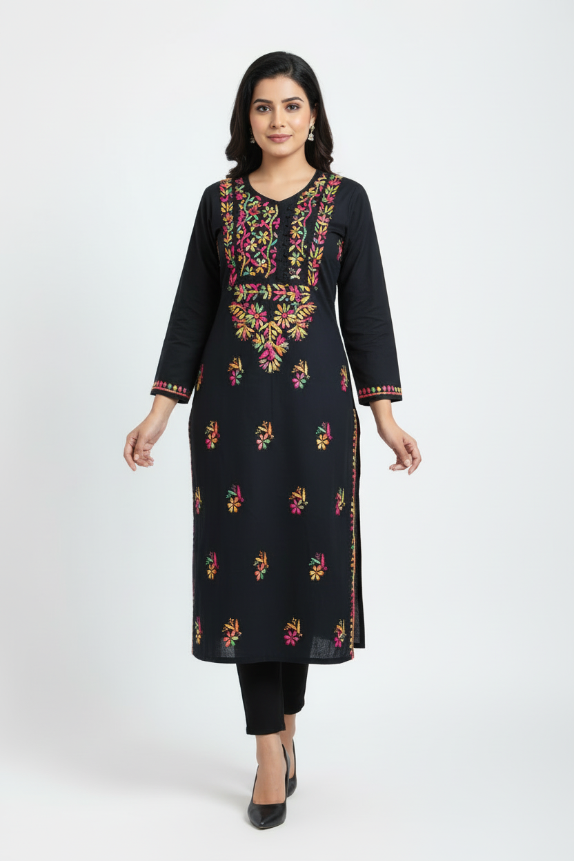 PLAIN MULTICOLOR THREAD  CHIKANKARI KURTI