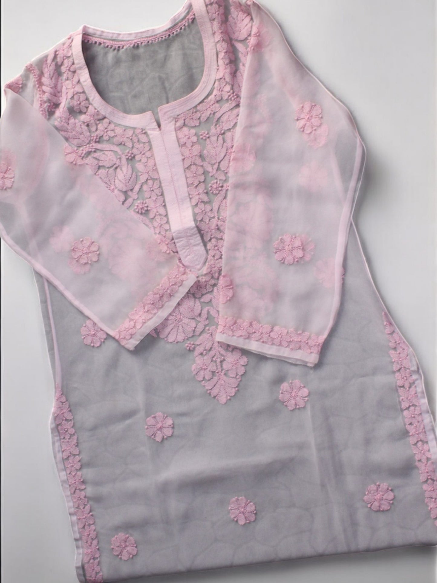 PREMIUM GEORGETTE PINK CHIKANKARI KURTI