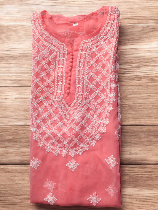 PEACH GEORGETTE CHIKANKARI KURTI