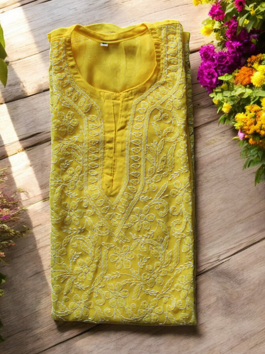 YELLOW COLOR GEORGETTE CHIKANKARI STRAIGHT KURTI