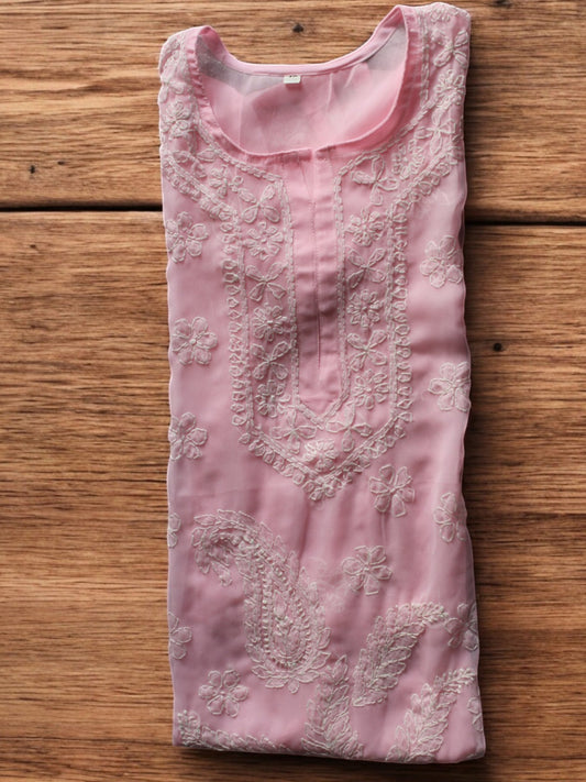 PINK  GEORGETTE CHIKANKARI STRAIGHT KURTI