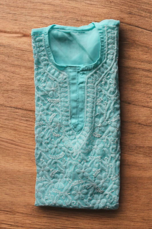 BLUE GEORGETTE CHIKANKARI STRAIGHT KURTI