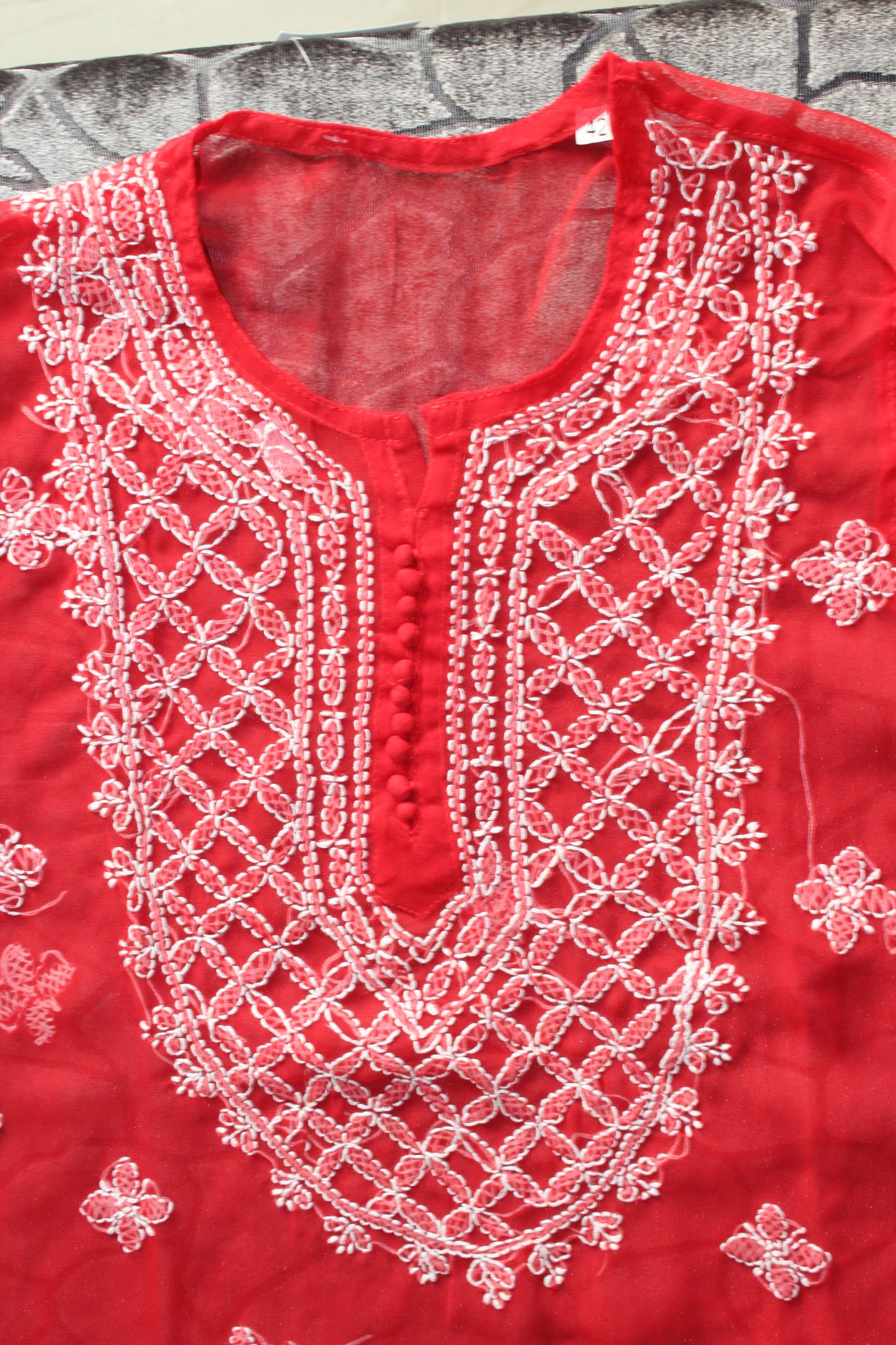 RED GEORGETTE CHIKANKARI STRAIGHT  KURTI