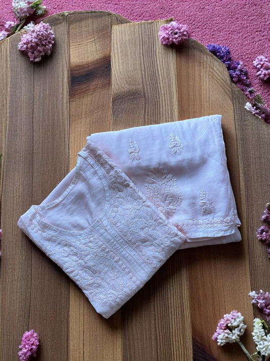 PASTEL PEACH  COLOR CHANDERI COTTON SUIT WITH CHIKANKARI